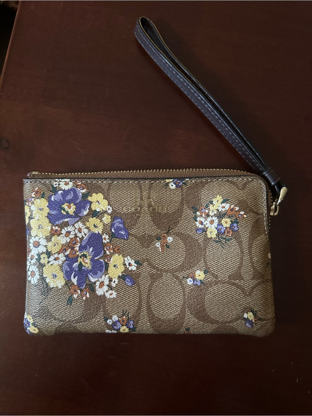 Coach Brown Floral Canvas Zip Pouch with Purple & Yellow Blooms